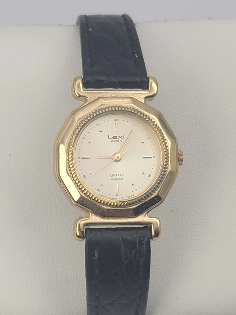 Vintage Lexi World L-56 Womens Watch Octagon Gold Tone Cream Dial Black Leather